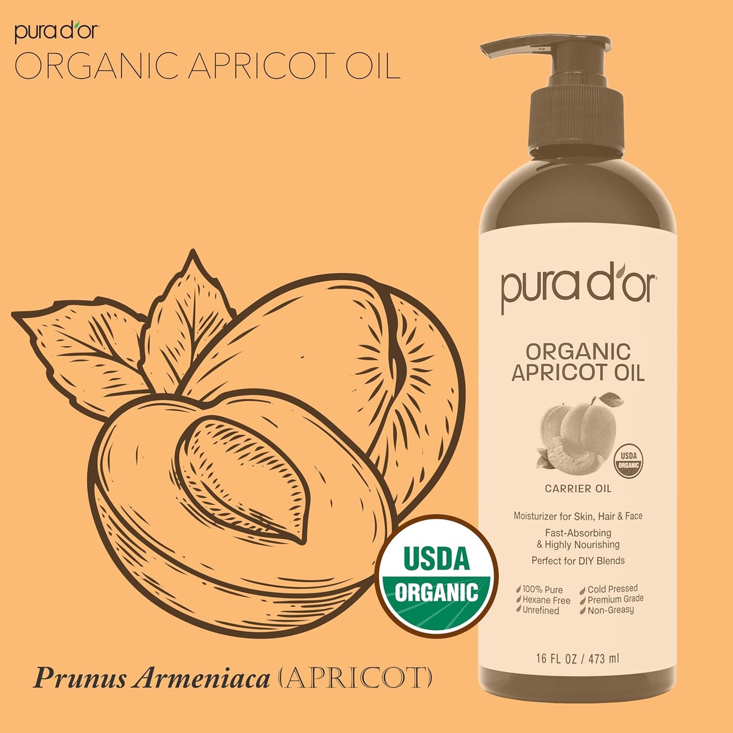 PURA D'OR 16 Oz ORGANIC Apricot Kernel Oil - 100% Pure & Natural USDA Certified Cold Pressed Carrier Oil - Antioxidant & Vitamin E Rich Moisturizer for Natural Glow & Softness - Face, Skin & Hair