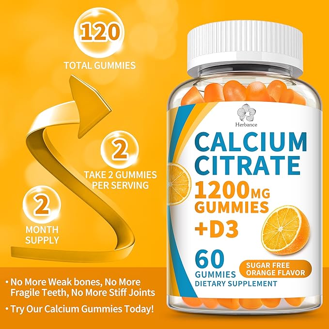 (2 Pack) Calcium Citrate 1200 mg Gummies with Vitamin D3, High Absorption Calcium Supplements for Women & Men, Sugar Free, Non-GMO, Gluten Free, Supports Muscle & Immune - Orange Flavor