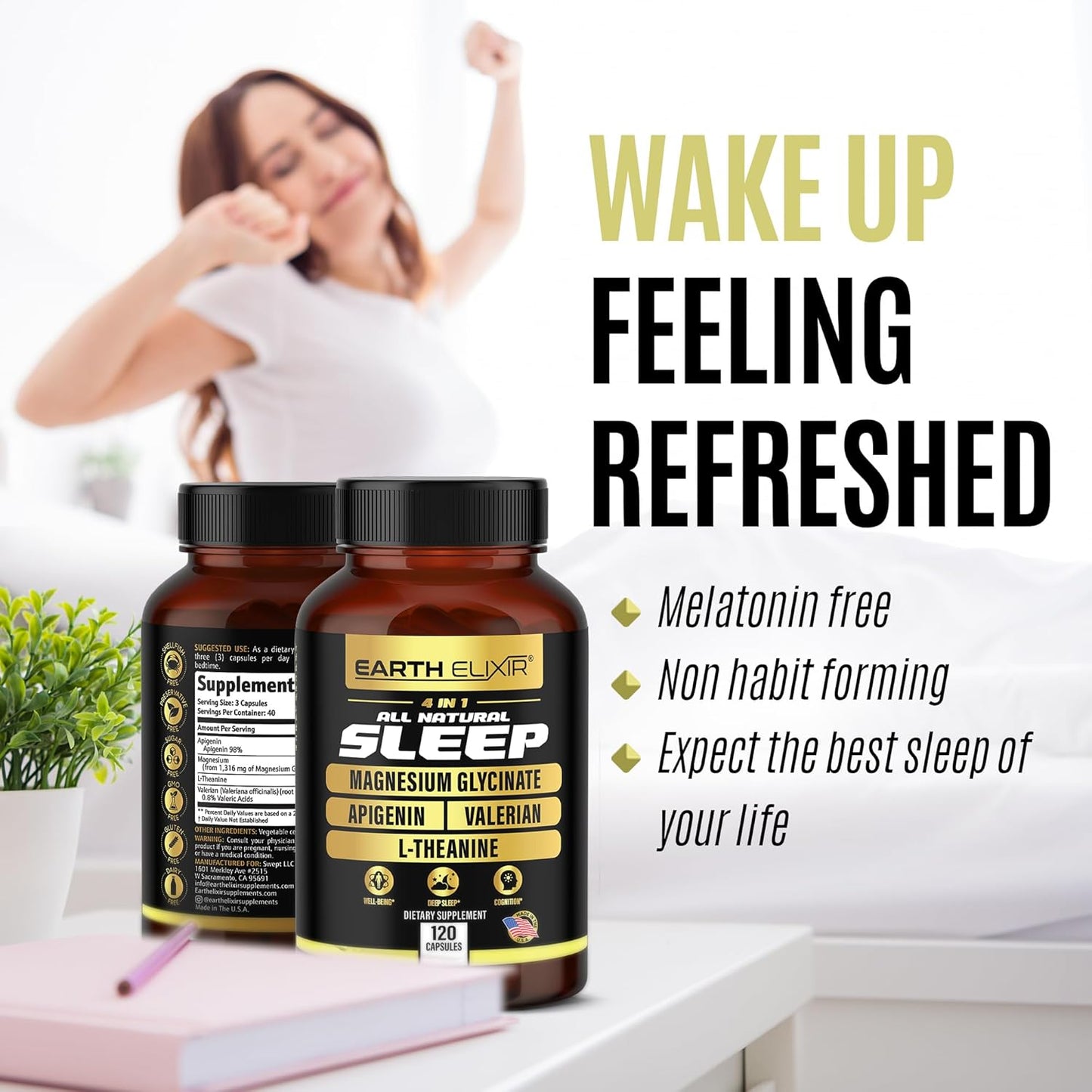 Earth Elixir 4-in-1 Sleep Aid (120 Caps) w/Apigenin 50mg, Magnesium Glycinate 200mg, L Theanine 200mg & Valerian Root for Sleep Aid 300mg | Apigenin Supplement for Sleep | Sleeping Pills