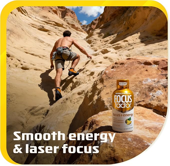 Focus Factor Extra Strength Focus + Energy Shots - 12 x 2oz Bottles (Pineapple Paradise Flavor) - Powered by Nootropics with Caffeine, L-Theanine, Ginkgo, Bacopa, L-Tyrosine, Alpha GPC