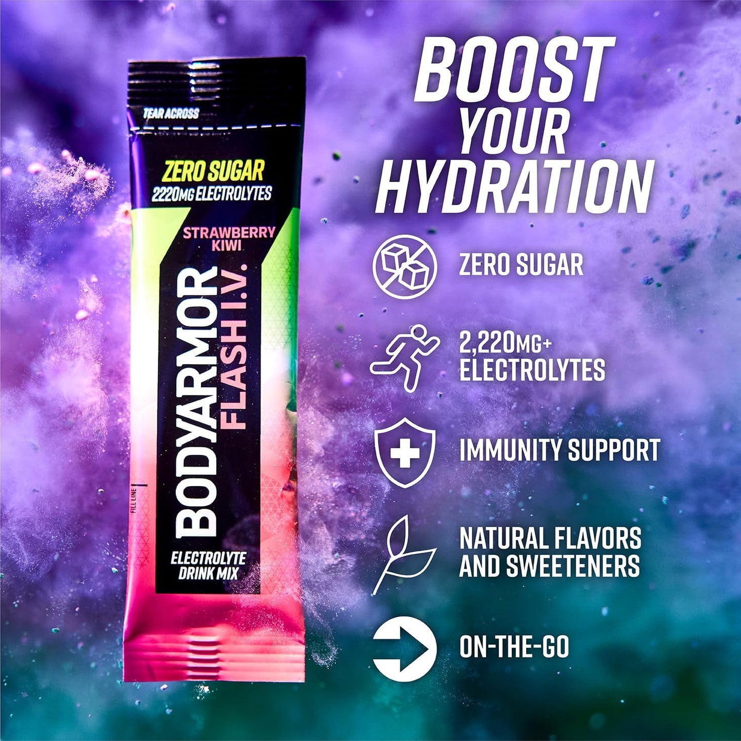 BODYARMOR Flash IV Electrolyte Packets, Strawberry Kiwi - Zero Sugar Drink Mix, Single Serve Packs, Coconut Water Powder (6 Count) (Pack of 2)