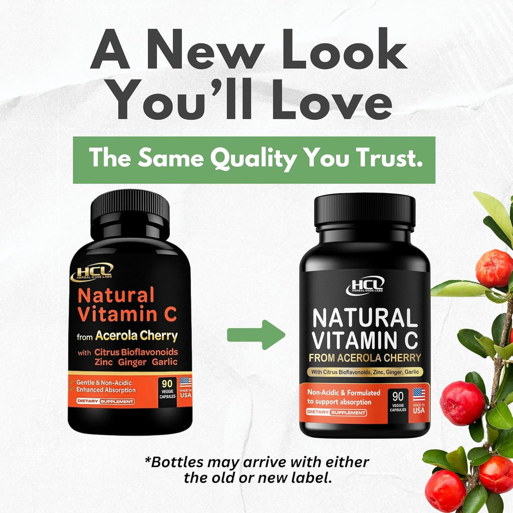 HCL HERBAL CODE LABS Natural Vitamin C from Organic Acerola Cherry - High Absorption - with Garlic Ginger & Citrus Bioflavonoids - Immune System & Collagen Booster - Anti Aging Skin Vitamins