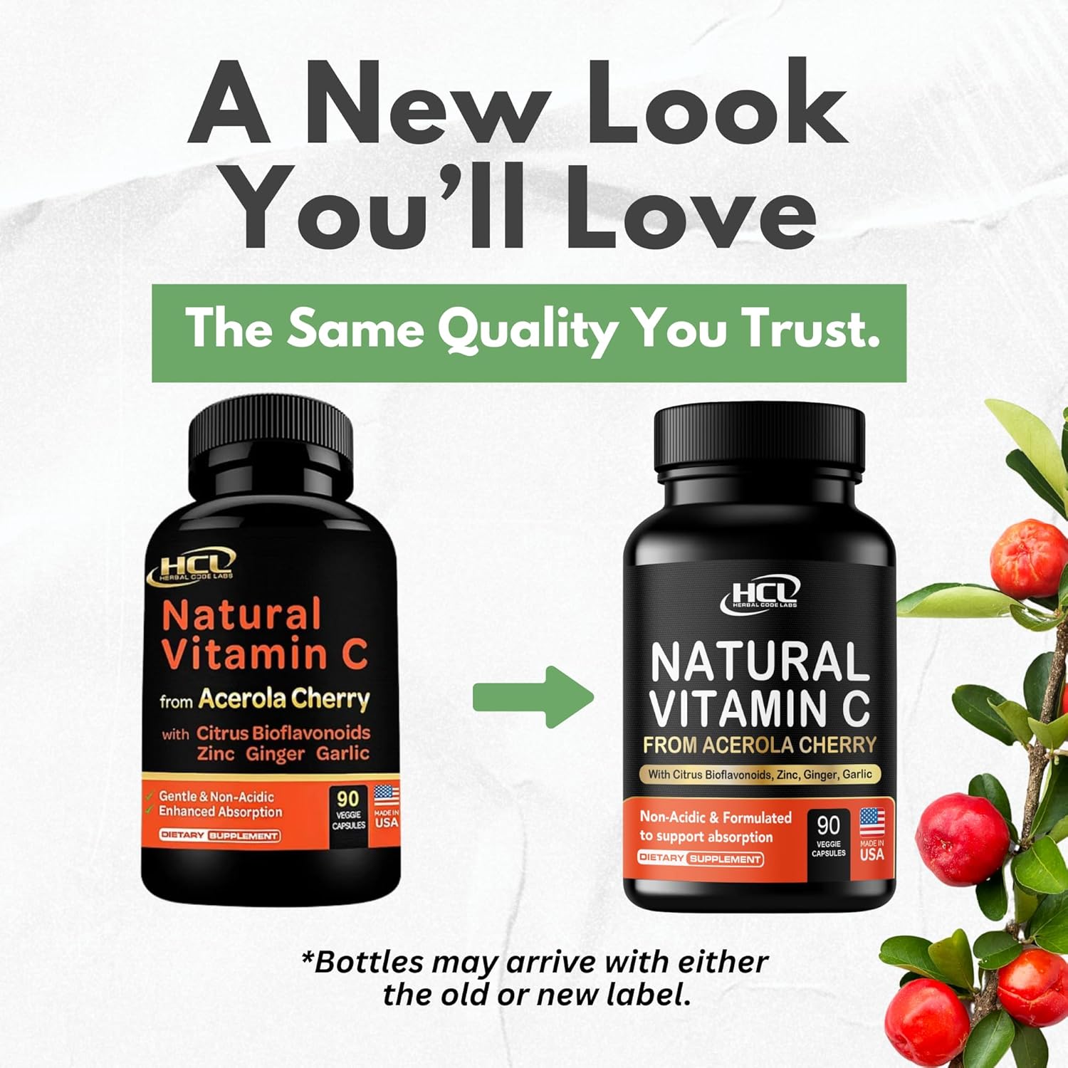 HCL HERBAL CODE LABS Natural Vitamin C from Organic Acerola Cherry - High Absorption - with Garlic Ginger & Citrus Bioflavonoids - Immune System & Collagen Booster - Anti Aging Skin Vitamins