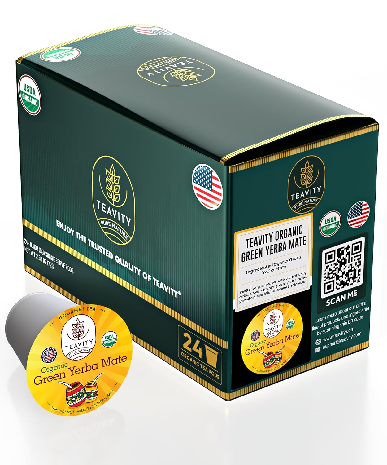 Organic Yerba Mate Tea Pods for Keurig - Green, Unsmoked Yerba Mate by Teavity (24 Tea Pods)