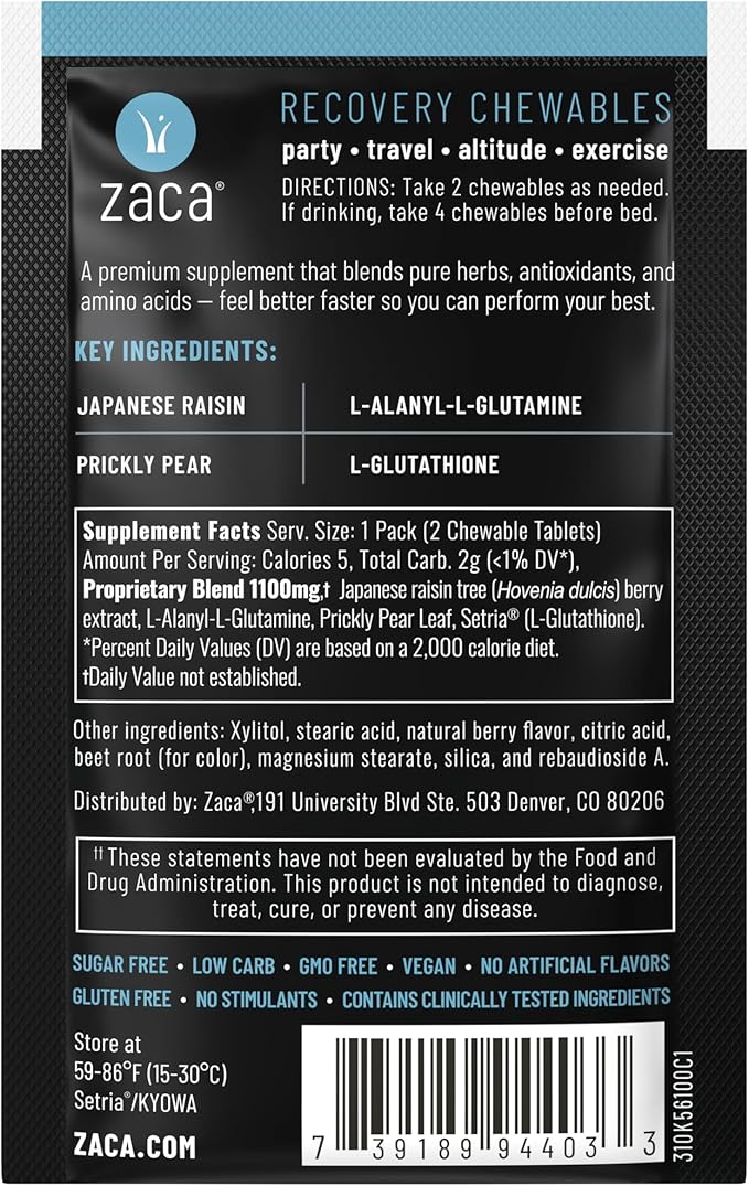 Zaca Recovery Chewable Supplement | Hydrate + Revive | Party, Travel, Exercise & Altitude | Sugar Free & Gluten Free | Mixed Berry, 6 Packets = 12 Tablets