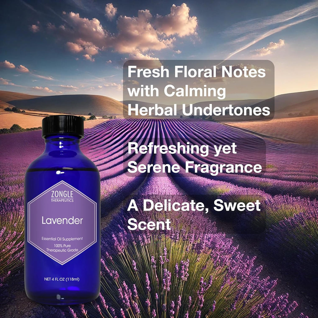 Lavender Essential Oil, Food Grade, for Drinks, Skin, Hair – 100% Pure, Lavender Oil, by Zongle Therapeutics, 4 OZ