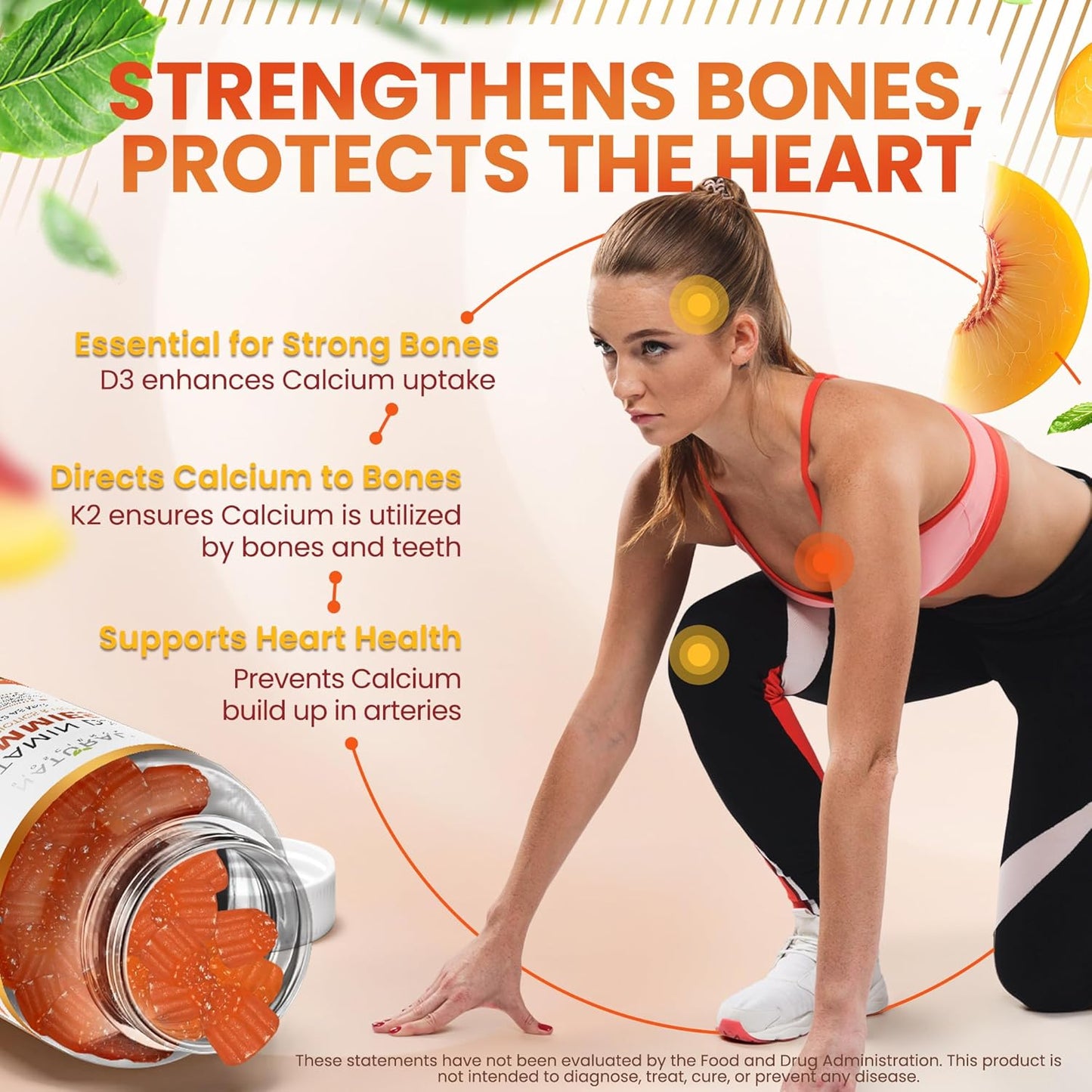 Sugar Free Vitamin D3 K2 Gummies - Vitamin D3 Gummies 5000 IU+K2 MK7 80 mcg, K2 D3 Vitamin Supplement Adults, Vitamin D K2 for Bones, Immune, Heart, Mood, Gluten-Free, Non-GMO, Natural Peach Flavor