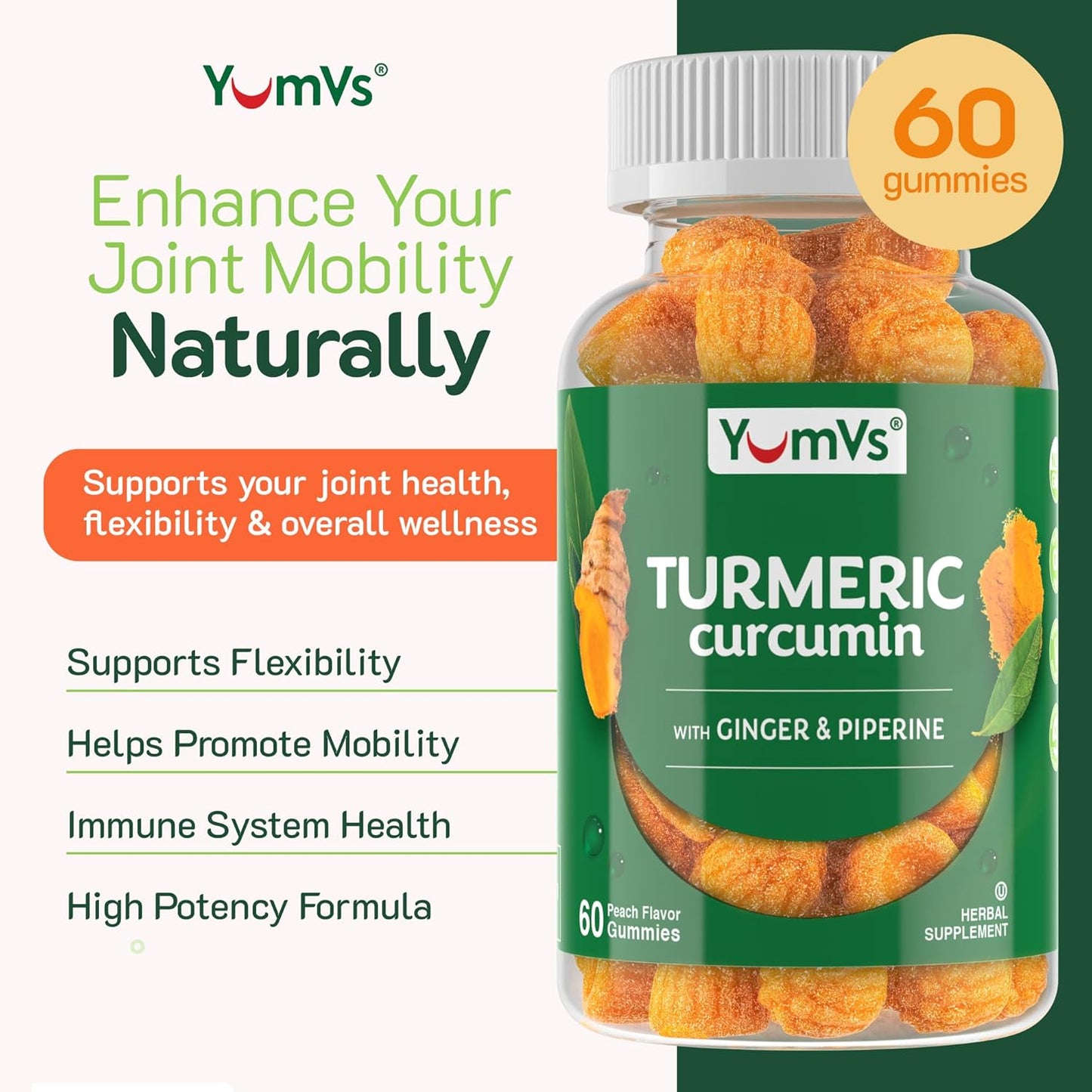 Curcumin Turmeric Gummies – Extra Strength 2000mg 8:1 Extract Turmeric Supplement Gummies with Black Pepper & Ginger – Vegan Non-GMO Joint Support Chewables – Peach Flavor, 60 Count