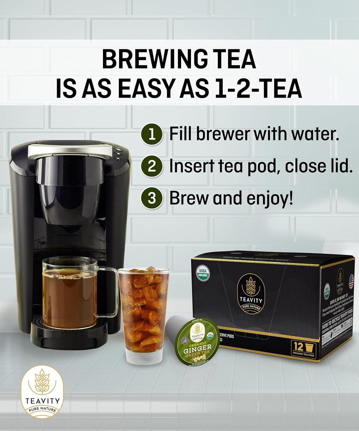 Green Tea & Ginger Tea Pods for Keurig - Caffeinated, Organic, Dye Free, Unsweetened, Herbal Blend for K Cup Machines - Hot or Iced (24 Tea Pods)