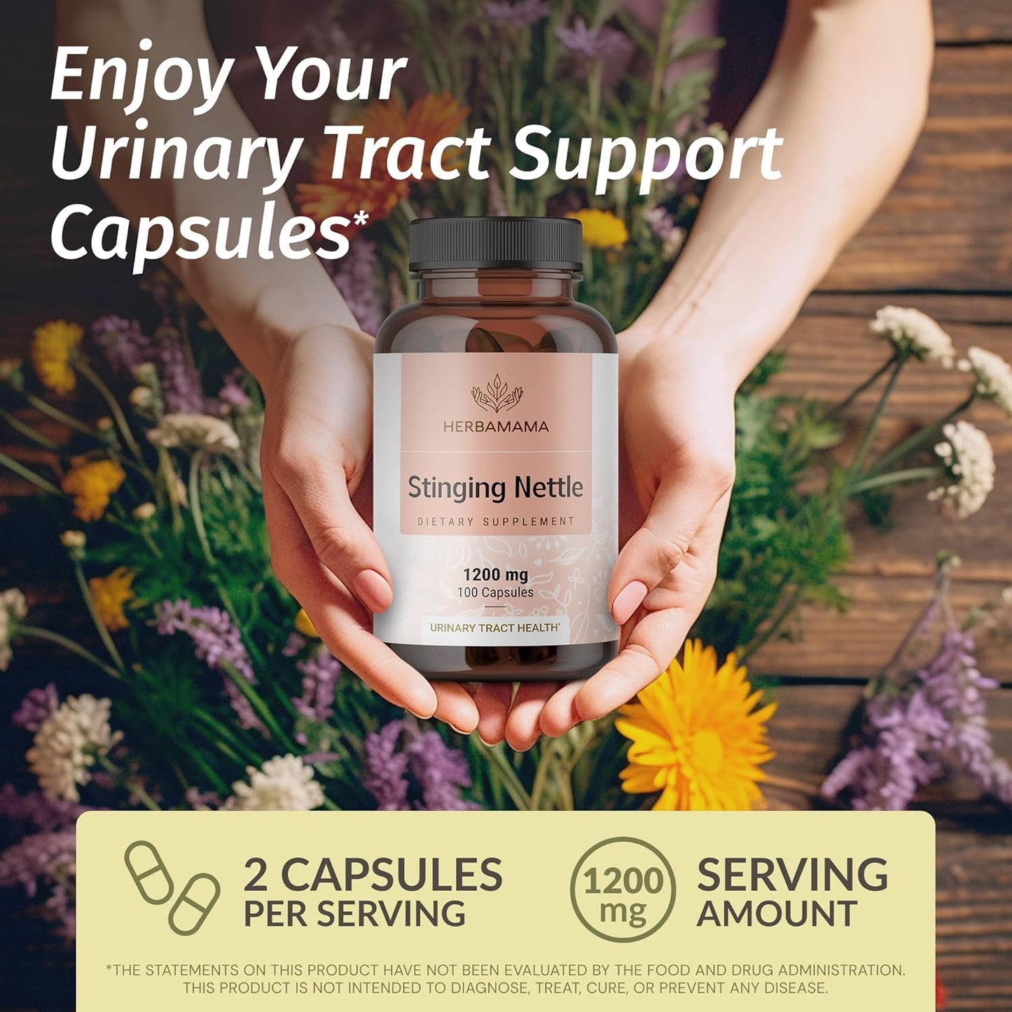 HERBAMAMA Stinging Nettle Capsules - 1200mg Stinging Nettle Root Extract for Urinary Tract Support - Vegan, Non-GMO Urtica Dioica Supplement, 100 Caps