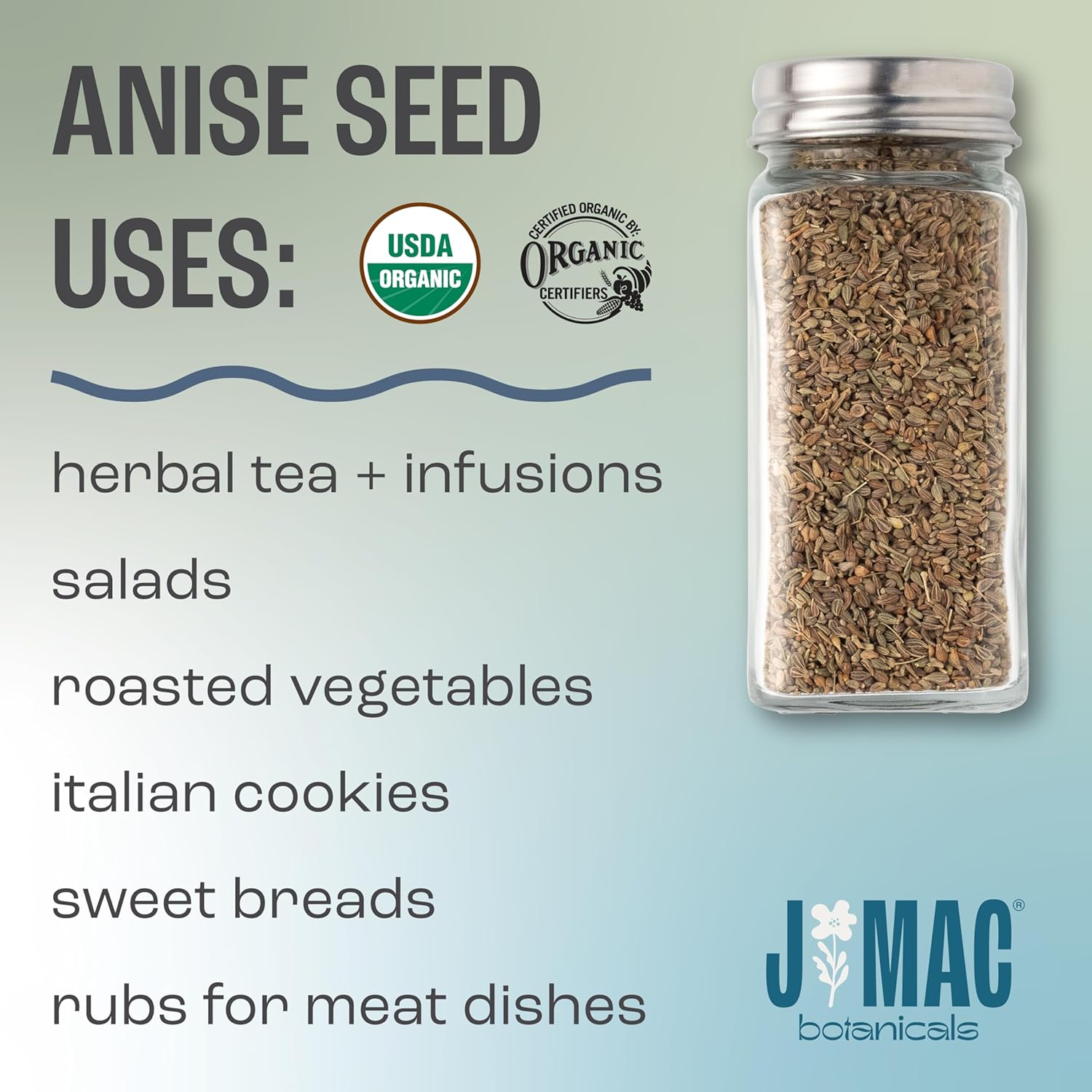 J Mac Botanicals Organic Anise Seeds (16 oz) whole seeds, aniseed, anisecookies, anisetea, aniseseed powder, aniseseeds for baking, Certified Organic.