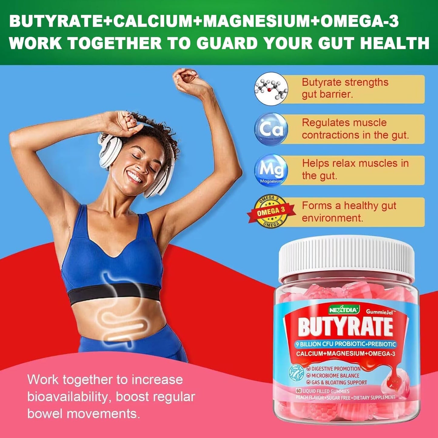 Butyrate Gummies with Probiotic + Prebiotic + Postbiotic, Omega-3 500mg,9 Billion CFU Probiotics with Fiber, Calcium & Magnesium, Inulin,Psyllium Husk for Digestive Health,Bloating Support,Sugar Free