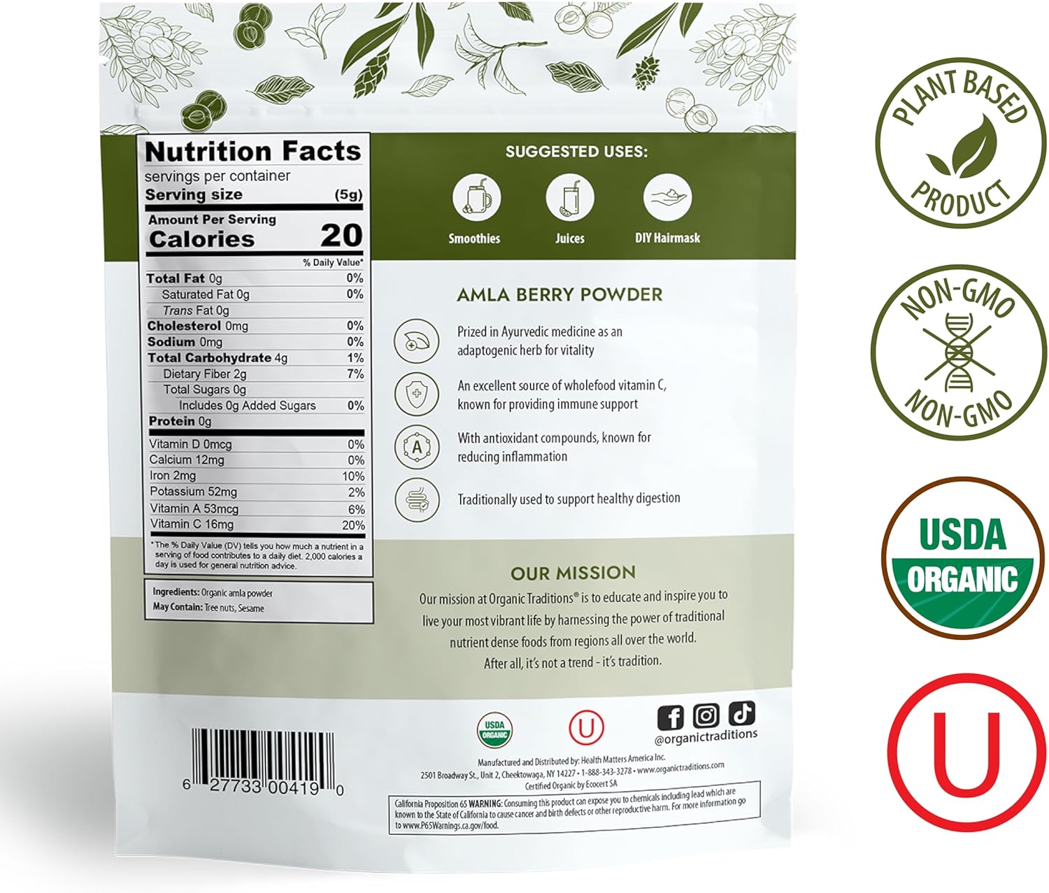 Organic Traditions Organic Amla Berry Powder, Powdered Amla Indian Gooseberry, Non-GMO Organic Powdered Fruit Superfood, 7oz (200g) Bag