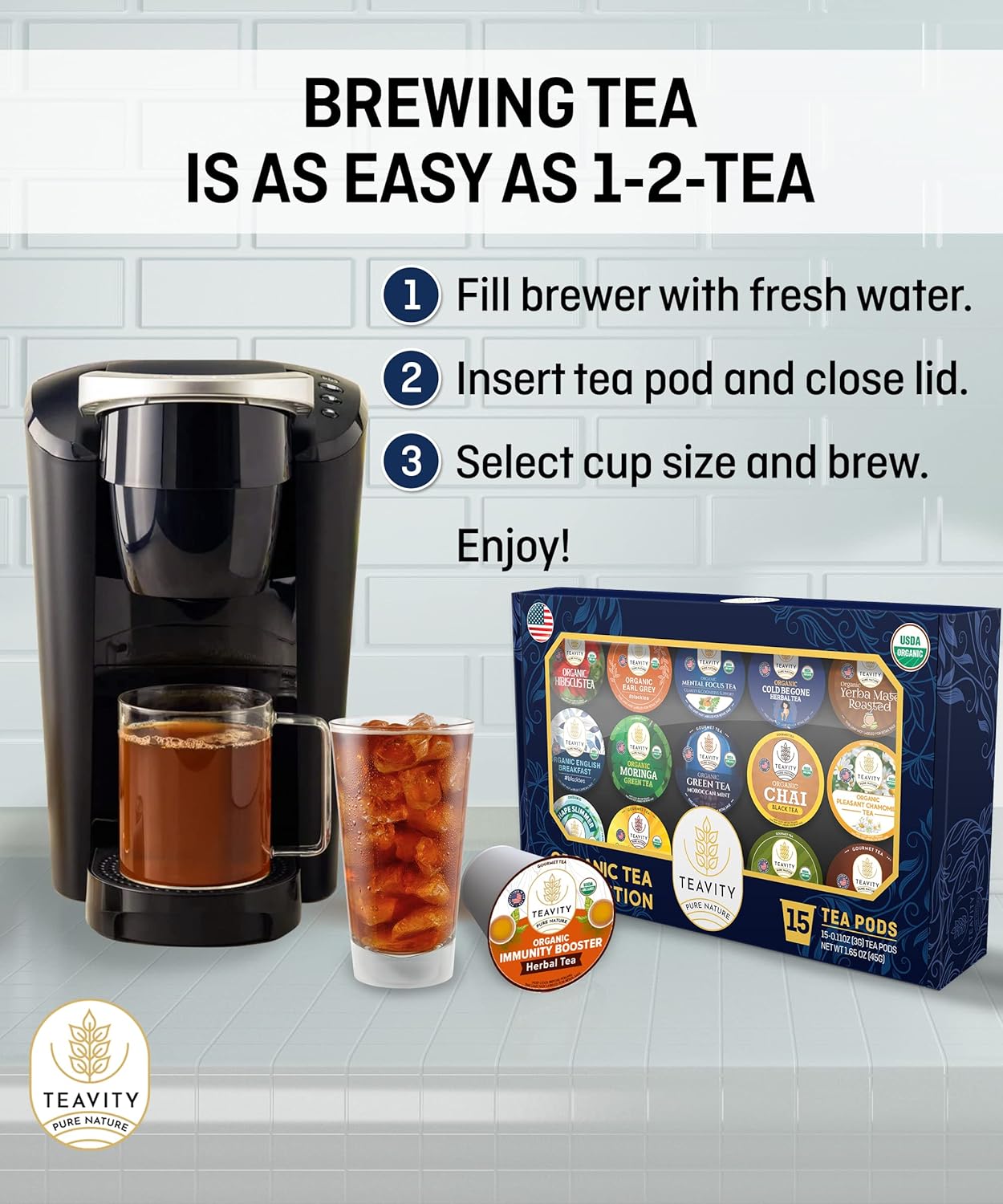 Organic Tea Pods Variety Pack - Assorted Sampler Pack Compatible for Keurig Brewer and Coffee Maker - Earl Grey, English Breakfast, Chai, Chamomile - Herbal Tea Pod for K Cup Keurig Brewing -15 count (Pack of 1) by Teavity