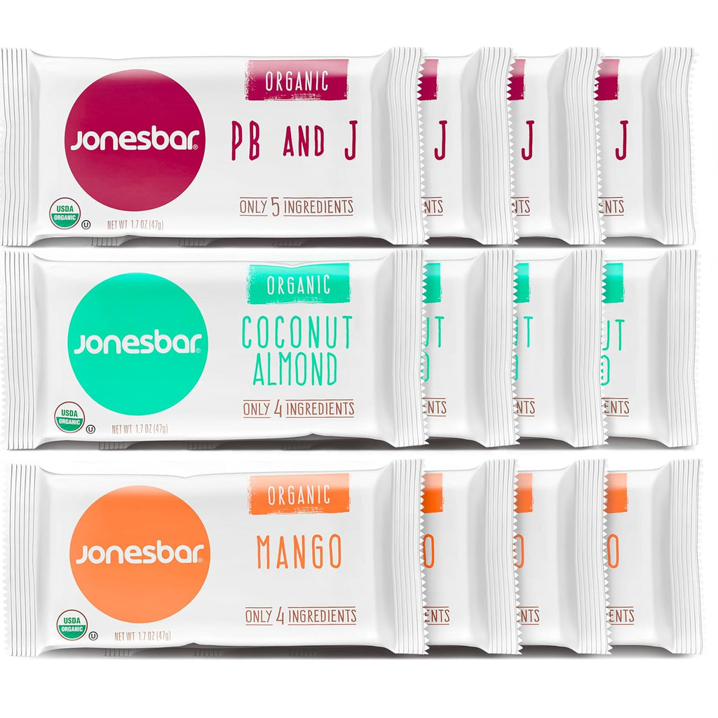 JONESBAR Organic Plant Based Protein Bars | Fruit Lovers Pack | Fruit & Nut Bar, Kosher, Gluten Free, Breakfast Bars, School Snacks, Vegan Snack & Healthy Snacks for Adults and Kids (Pack of 12)