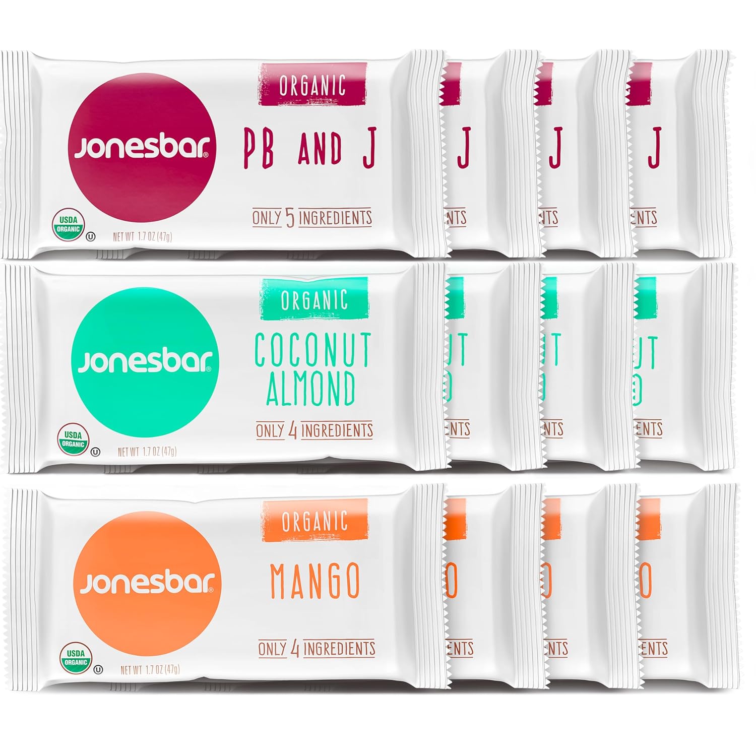 JONESBAR Organic Plant Based Protein Bars | Fruit Lovers Pack | Fruit & Nut Bar, Kosher, Gluten Free, Breakfast Bars, School Snacks, Vegan Snack & Healthy Snacks for Adults and Kids (Pack of 12)