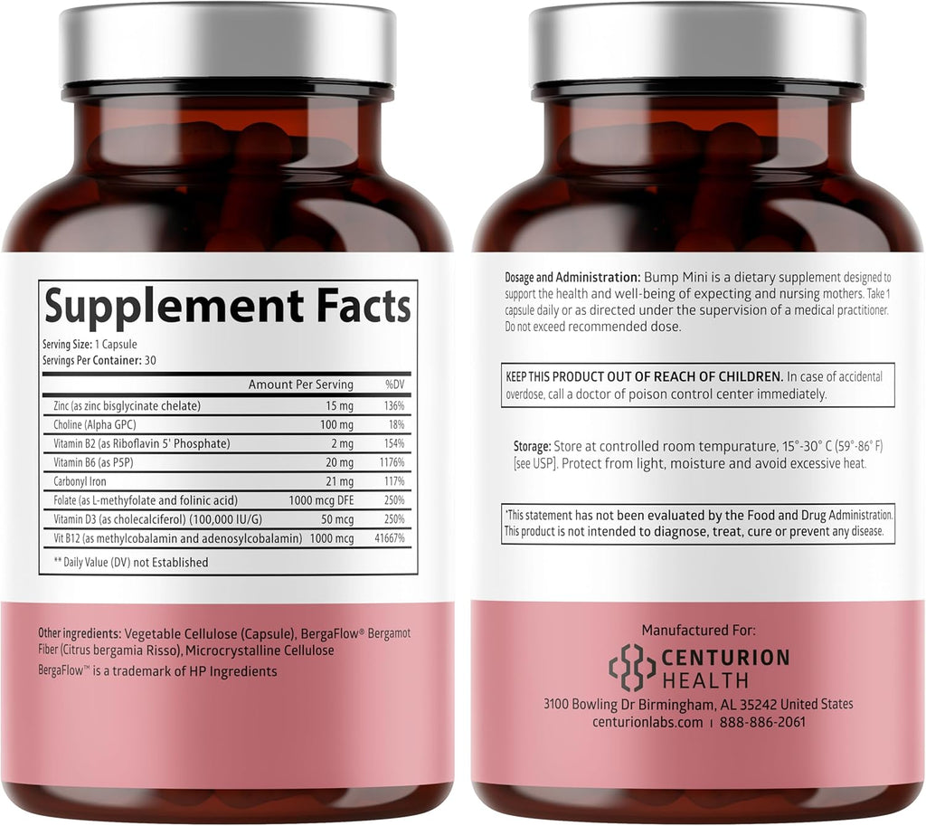 Centurion Labs Bump Mini Complete Prenatal Vitamins for Women with Folate, Choline, Carbonyl Iron, Zinc, Vitamin D3 and Vitamin B12 for Fetal Development and Pregnancy Support, 30 Caps