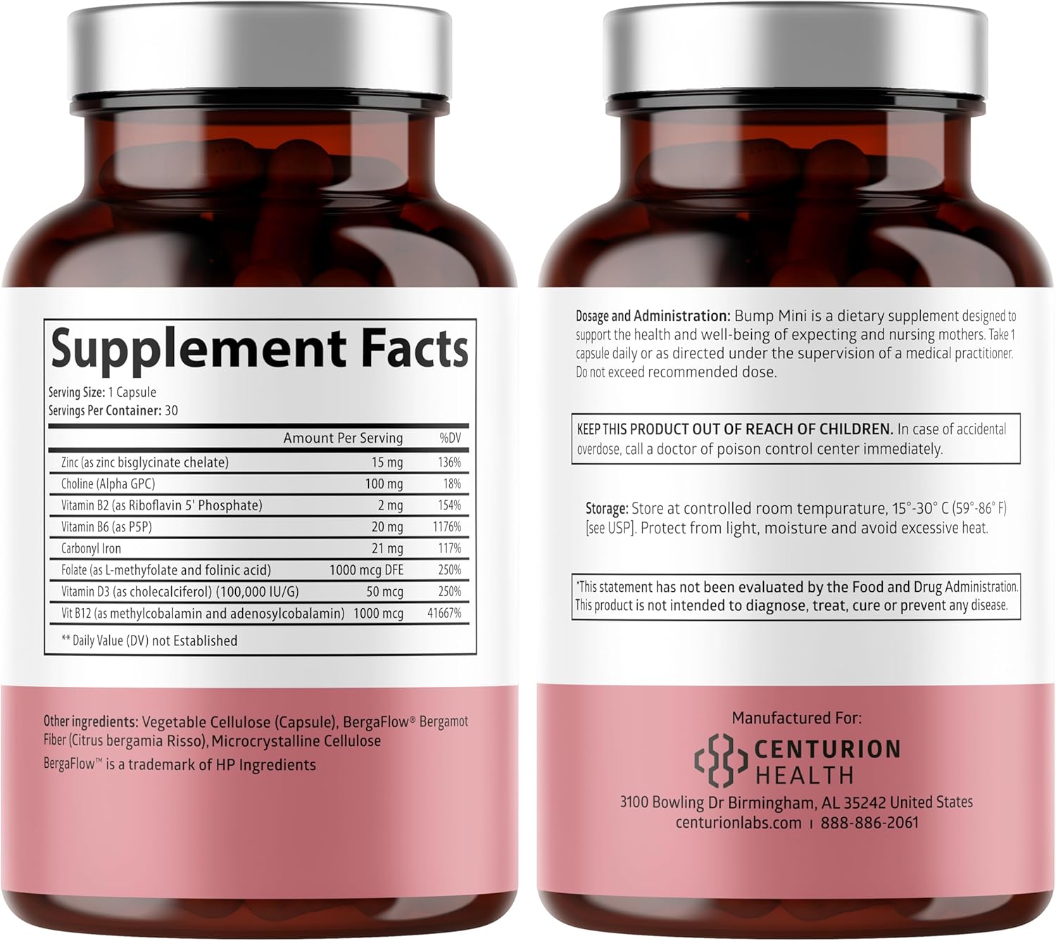 Centurion Labs Bump Mini Complete Prenatal Vitamins for Women with Folate, Choline, Carbonyl Iron, Zinc, Vitamin D3 and Vitamin B12 for Fetal Development and Pregnancy Support, 30 Caps