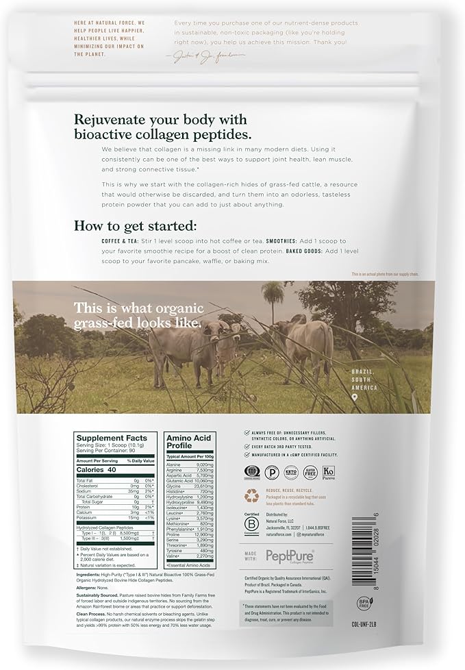 Natural Force Organic Clean Collagen Peptides Powder - USDA Certified Organic & Non-GMO, Keto & Paleo Certified - Hydrolyzed Type I & III Protein Powder with Essential Amino Acids – Unflavored, 32oz