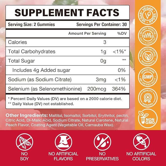 Selenium Supplement for Thyroid Support Gummies 200mcg as Energy Booster for Women and Men, Peach Flavor (60 Count（Pack of 1）)