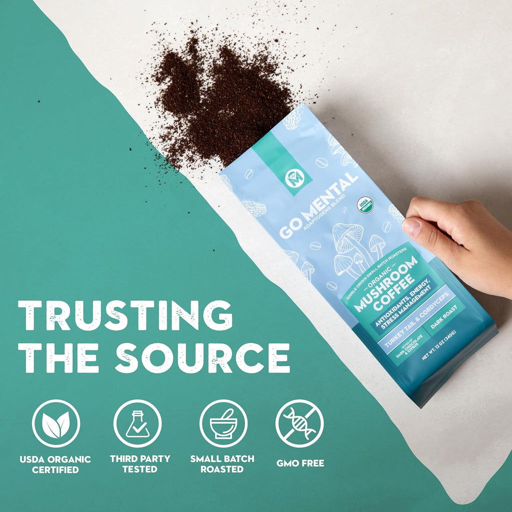 Organic Turkey Tail & Cordyceps Mushroom Coffee Dark Roast, Full Fruiting Body, Antioxidants, Immune System support, overall wellness | Grade 1 Single Origin Peruvian | 12oz - Ground