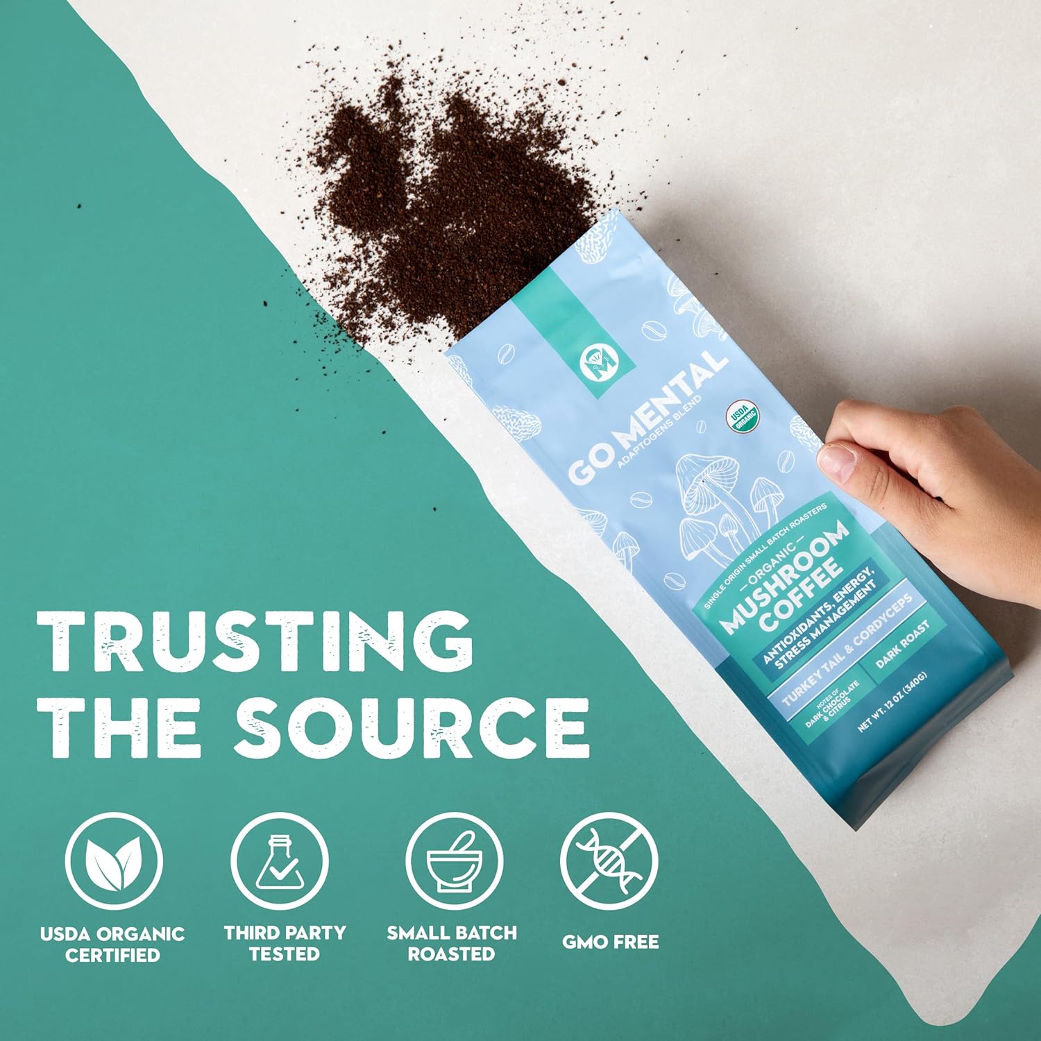 Organic Turkey Tail & Cordyceps Mushroom Coffee Dark Roast, Full Fruiting Body, Antioxidants, Immune System support, overall wellness | Grade 1 Single Origin Peruvian | 12oz - Ground