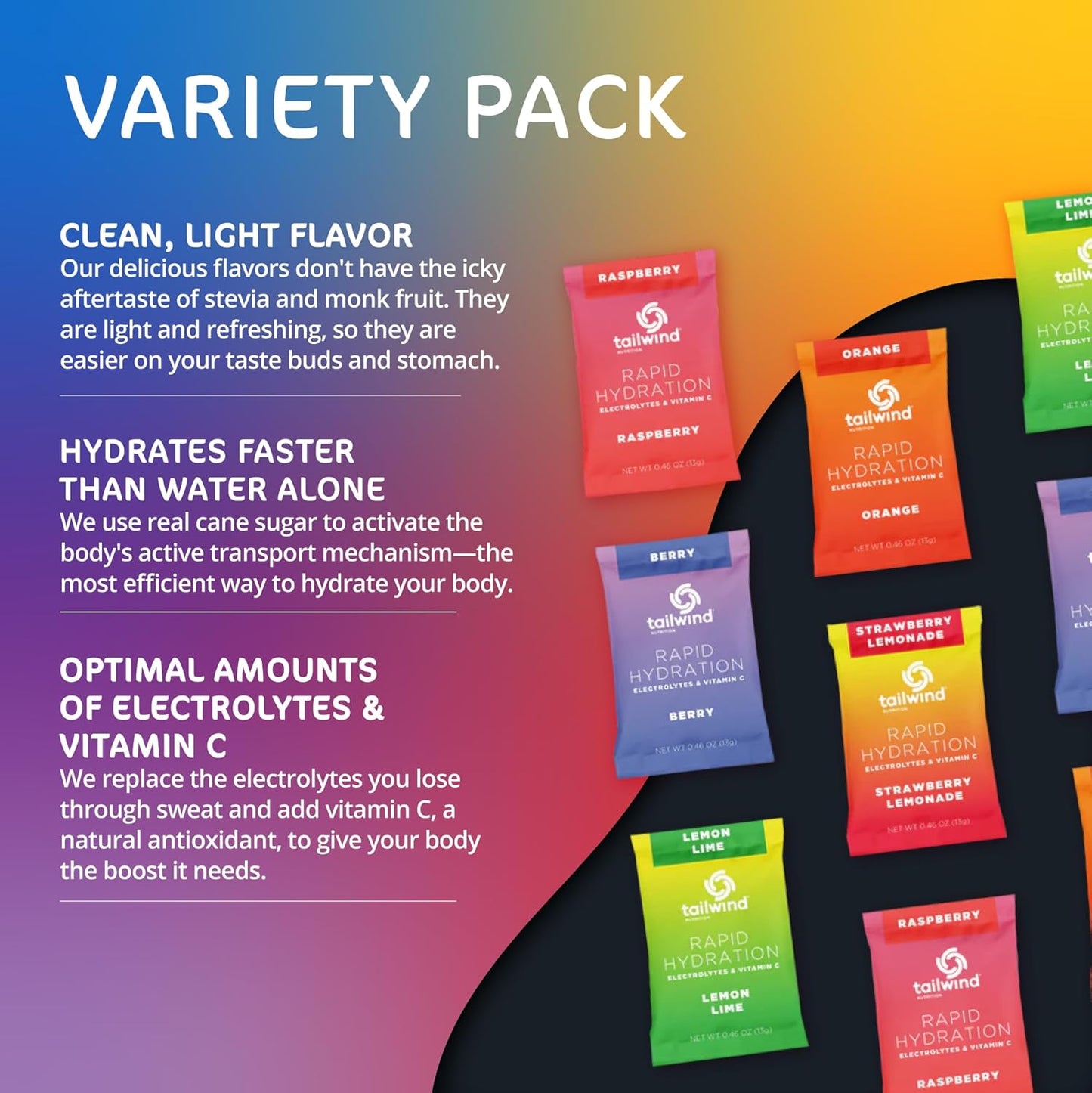 Tailwind Nutrition Rapid Hydration, Electrolyte & Hydration Powder, Vitamin C & Sea Salt Exercise Workout Mix, 5 Flavor Variety Pack, Pack of 15 Sticks