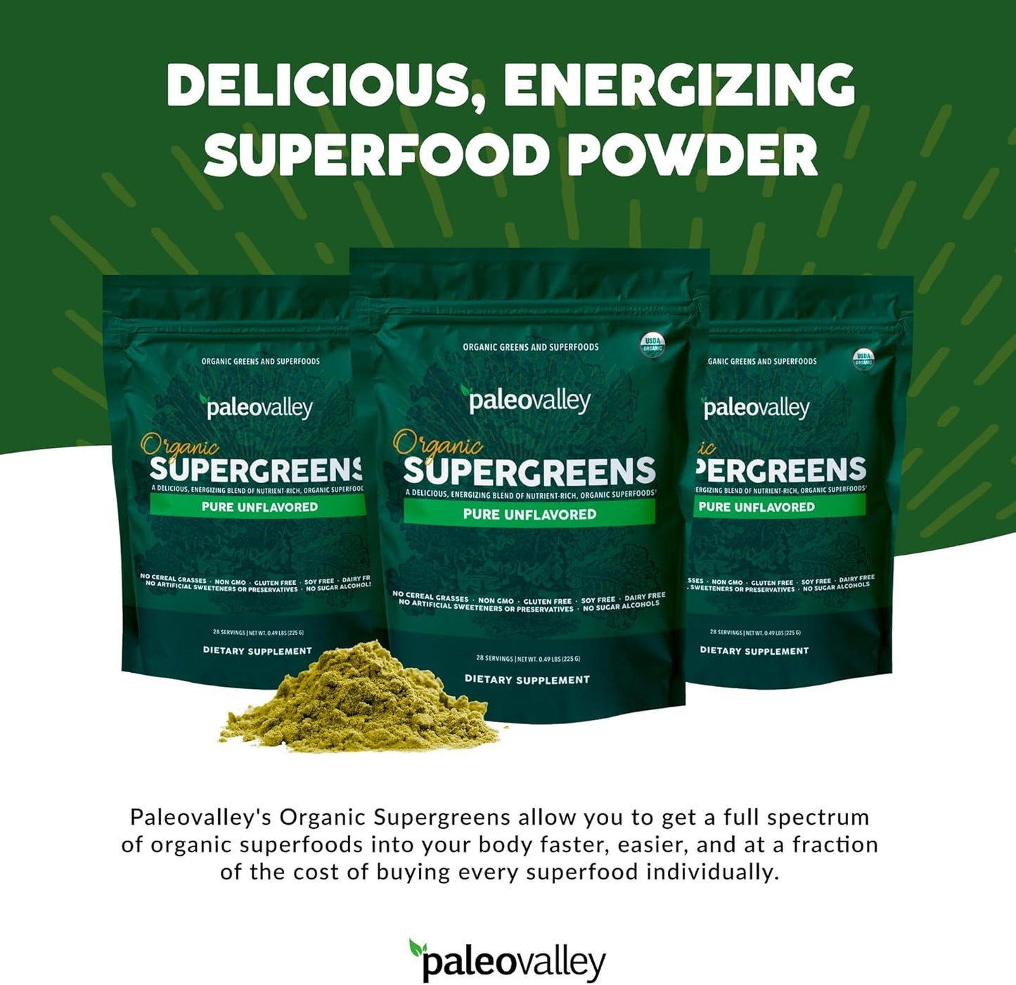 Paleovalley Organic Supergreens Powder - 23 Superfoods with Prebiotic Fiber for Energy and Immunity Support - No Cereal Grasses for Maximum Absorption - Pure Unflavored, 28 Servings
