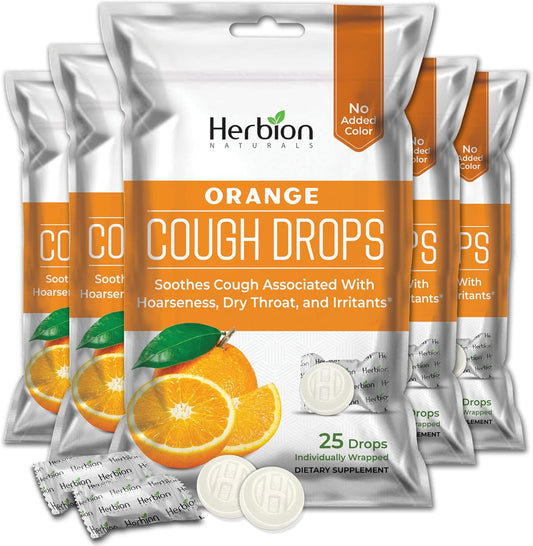 HERBION Naturals Cough Drops with Orange Flavor, Dietary Supplement, Soothes Cough, for Adults and Children Over 6 Years, 125 Lozenges, Pack of 5