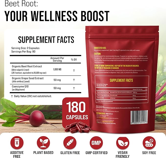 Beet Root Capsules with Grape Seed & CoQ10 - Blood Pressure Support Supplement - Nitric Oxide Booster - Super Beets Supplement for Heart, Energy, Circulation - 180 Vegan Capsules, Non GMO