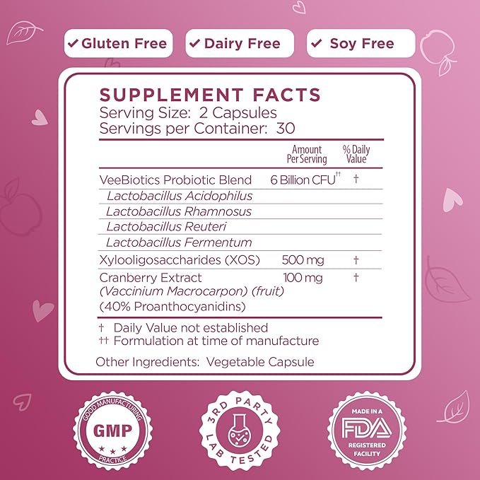 VeeFresh VeeBiotics Cranberry Probiotics for Women - 60 Capsules Women's Probiotics with Prebiotics & Cranberry Extract for pH Balance & Odor Control, Promotes Healthy Vaginal Flora & Overall Wellness