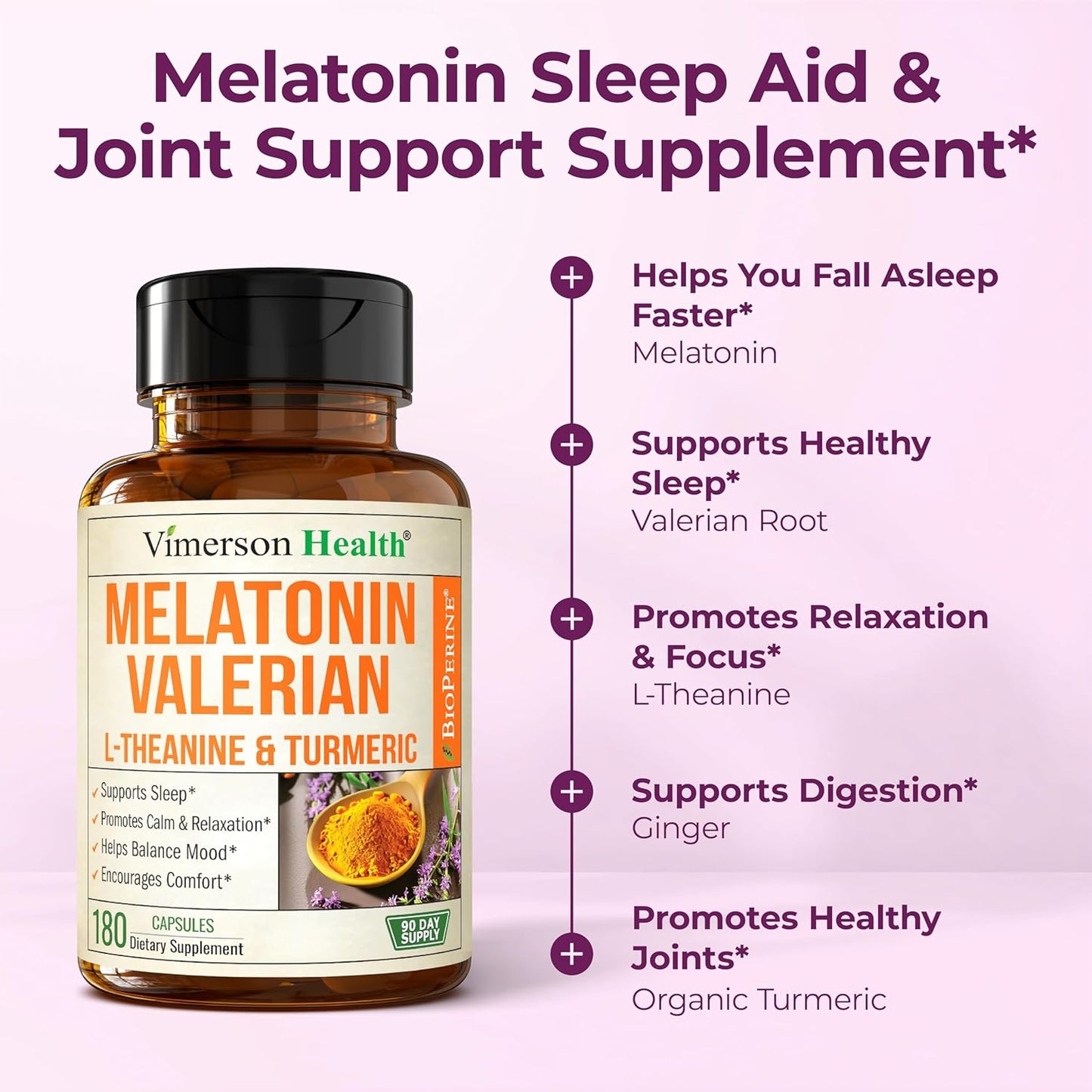 Melatonin Sleep Aid with L Theanine & Valerian Root – Turmeric Supplement – Turmeric Curcumin with Ginger & Black Pepper – L-Theanine & Melatonin 3mg for Sleep, Calm and Stress Relief – 180 Capsules