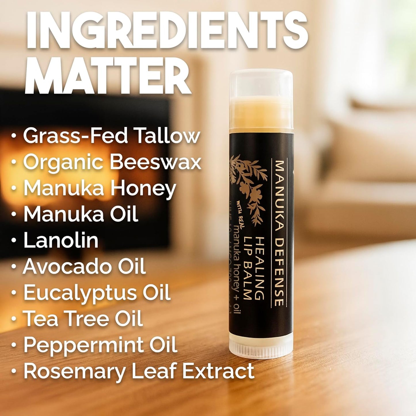 BALM OF GILEAD Manuka Defense Healing Lip Balm - Intensive Moisture Therapy in Tube w/Manuka, Tea Tree & Cooling Peppermint - Ideal for Chapped & Cracked Lips - Beauty Pack Of 4-0.15 oz