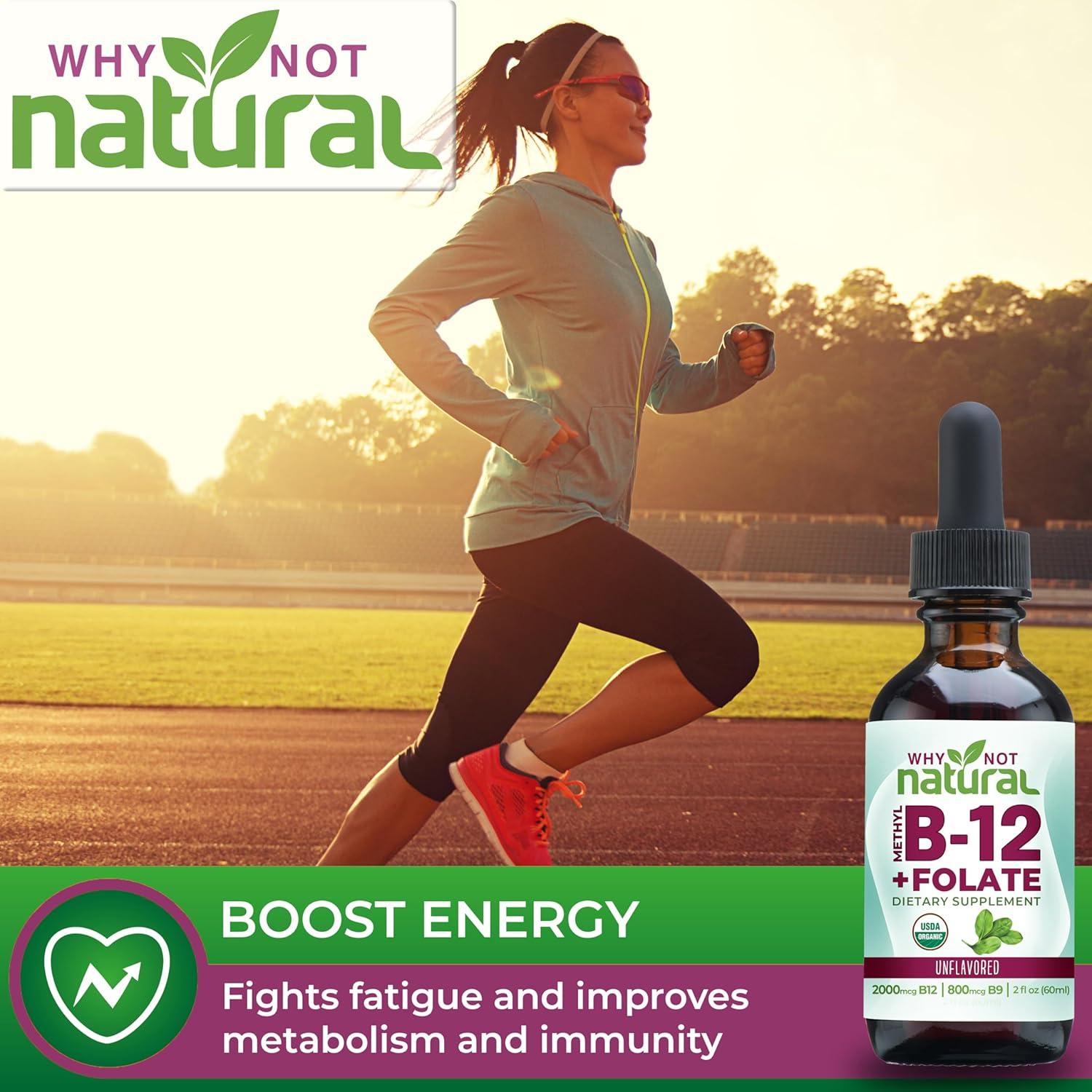 Why Not Natural Vitamin B12 Liquid Plus Folate - Organic Sublingual Extra Strength Vegan Drops - Methyl Supplement with Folinic