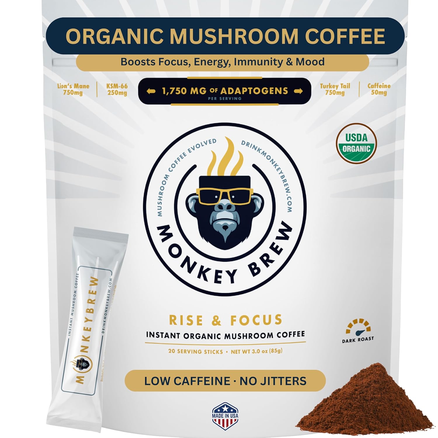 Monkey Brew Rise & Focus USDA Organic Mushroom Coffee | Boosts Focus, Energy, Immunity & Mood | 1,750mg Adaptogens: Lion’s Mane, Turkey Tail, KSM-66 Ashwagandha | Low Caffeine, Fruiting Body