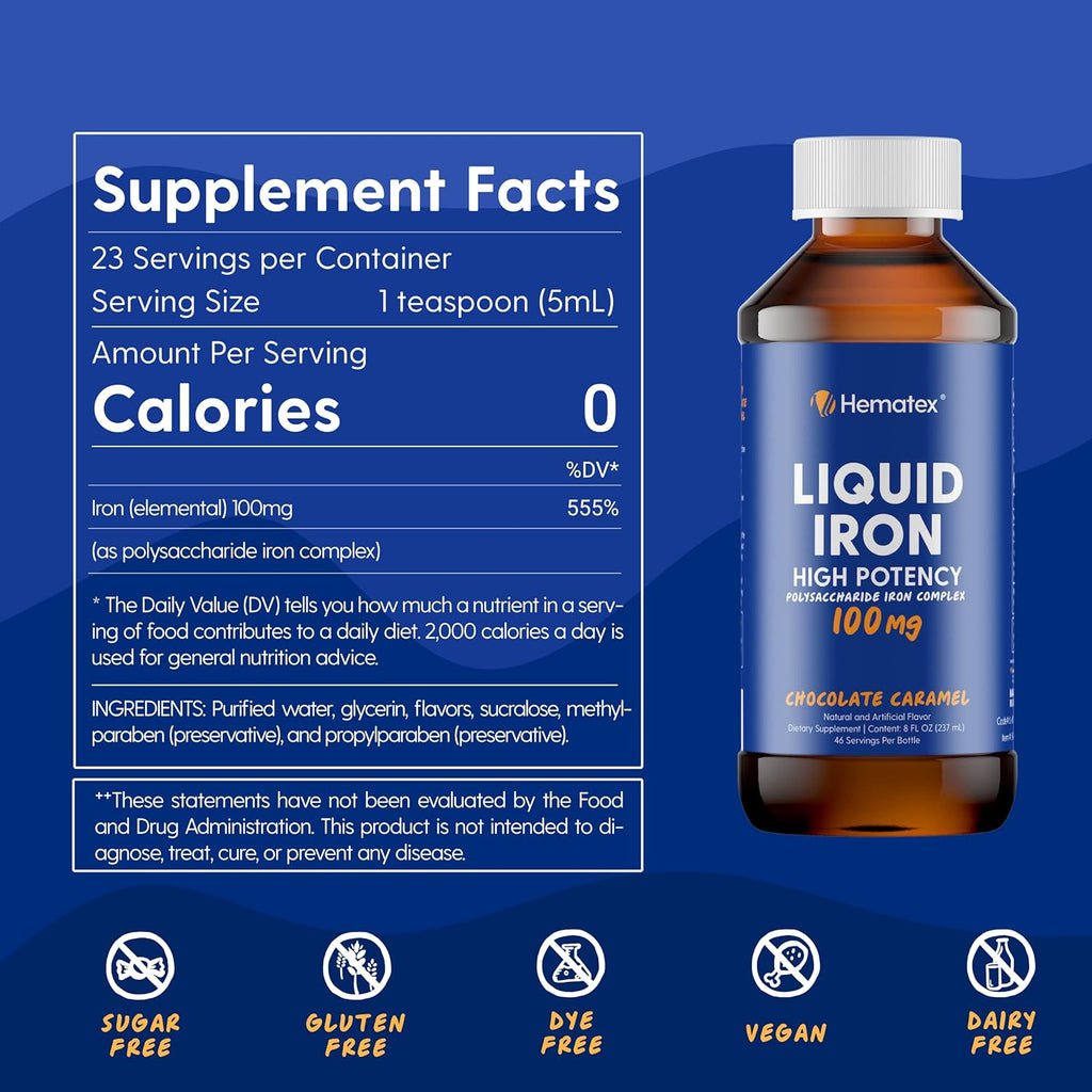 Iron Supplements for Men High Potency Liquid Iron for Adults by Hematex - 100mg Polysaccharide Iron Complex Iron Supplements for Anemia and Iron Deficiency