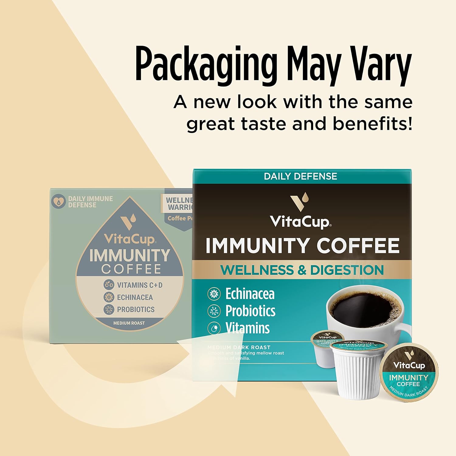 VitaCup Immunity Coffee Pods, Wellness Boost with Antioxidants, Echinacea, Probiotics, Vitamin C & D3, Medium Dark Roast, Recyclable Single Serve Pod Compatible with Keurig K-Cup Brewers,32 Ct