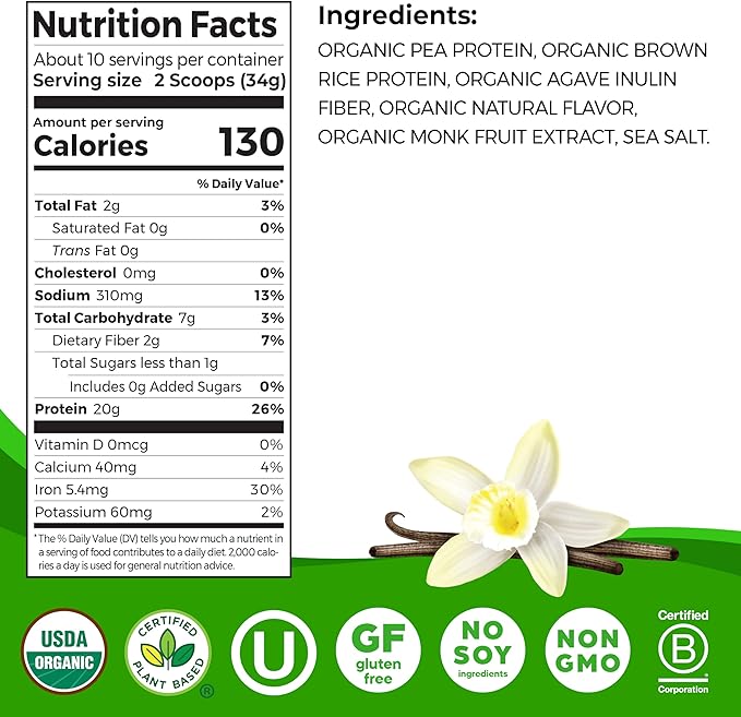Orgain Organic Vegan Perfect Blend Protein Powder, 20g Clean Plant Protein, 6 Ingredients, <1g Sugar, Gluten Free, Non-GMO; No Artificial Flavors, Stevia Extract, Dairy or Soy Ingredients- Vanilla