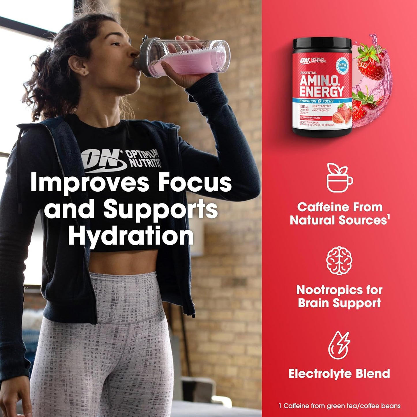 Optimum Nutrition Amino Energy Powder Plus Focus, with BCAA, Electrolytes, and Caffeine, Juicy Strawberry, 30 Servings (Packaging May Vary)