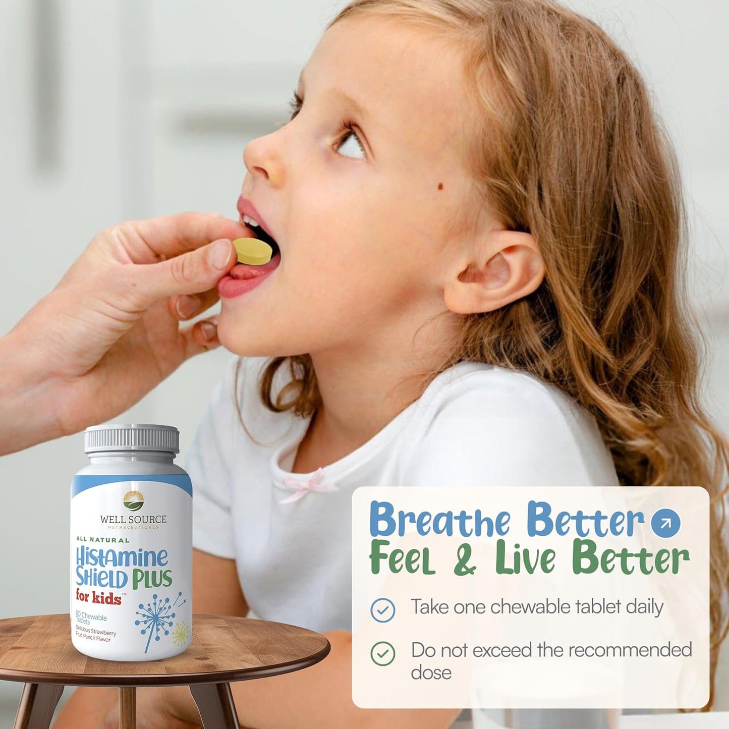 Natural Antihistamine Supplement, Sinus & Allergy Relief for Pollen, Pet Dander, Dust, Mold, and Odors, 60 Strawberry Fruit Punch Chewable Tablets