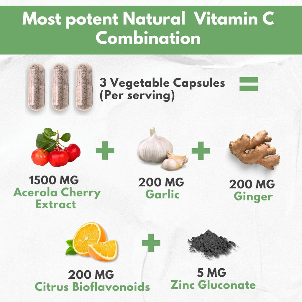 HCL HERBAL CODE LABS Natural Vitamin C from Organic Acerola Cherry - High Absorption - with Garlic Ginger & Citrus Bioflavonoids - Immune System & Collagen Booster - Anti Aging Skin Vitamins