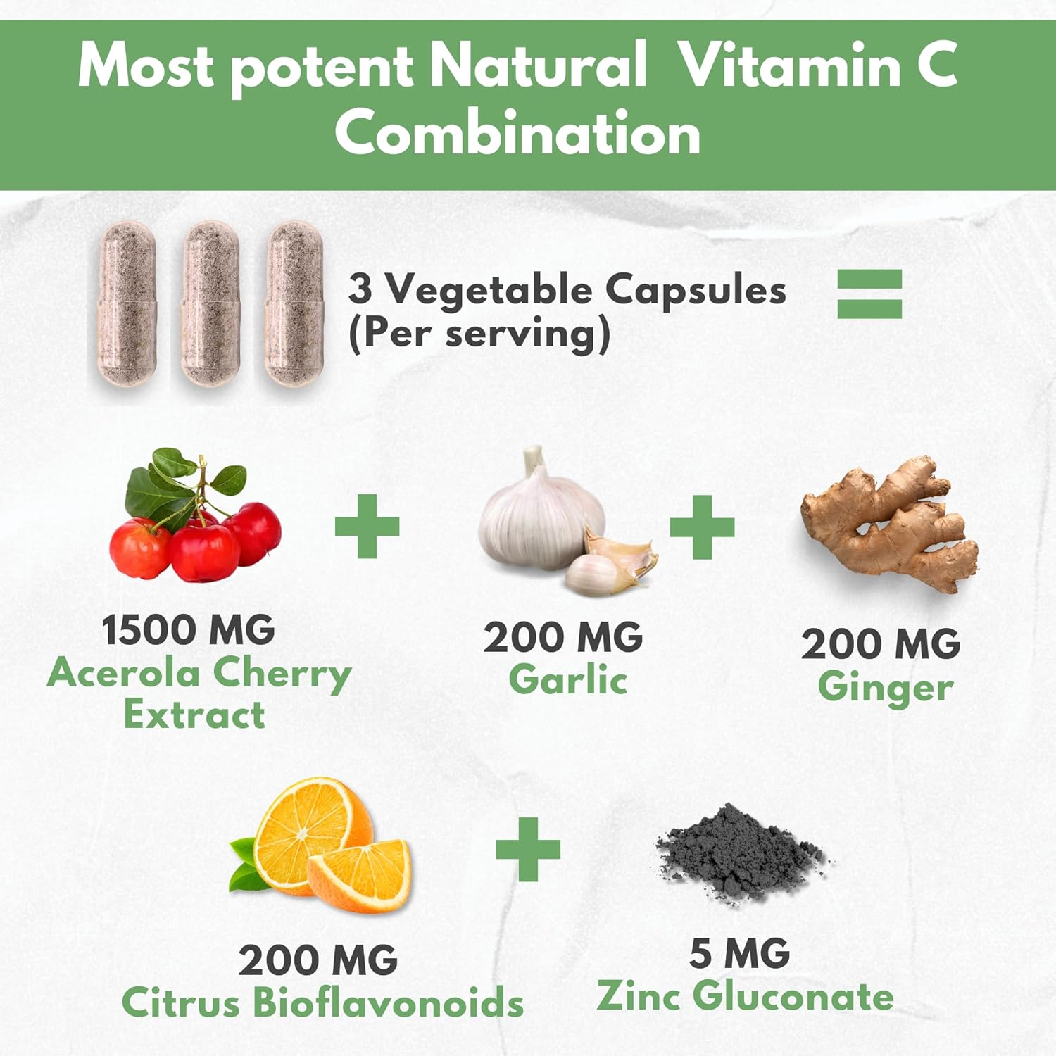 HCL HERBAL CODE LABS Natural Vitamin C from Organic Acerola Cherry - High Absorption - with Garlic Ginger & Citrus Bioflavonoids - Immune System & Collagen Booster - Anti Aging Skin Vitamins