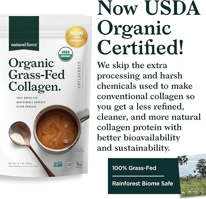 Natural Force Organic Clean Collagen Peptides Powder - USDA Certified Organic & Non-GMO, Keto & Paleo Certified - Hydrolyzed Type I & III Protein Powder with Essential Amino Acids – Unflavored, 10.7oz