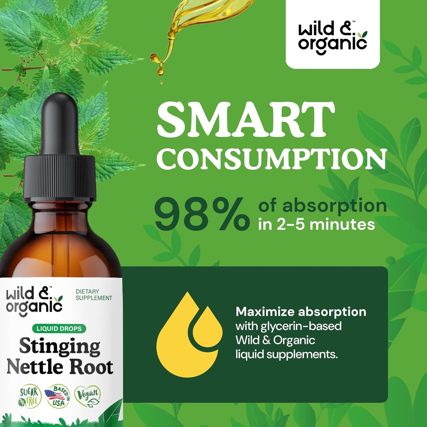 Wild & Organic Stinging Nettle Root Drops - Stinging Nettle Extract Tincture for Men & Women - Liquid Urtica Dioica Supplement - Vegan, Sugar & Alcohol-Free - 2 fl oz