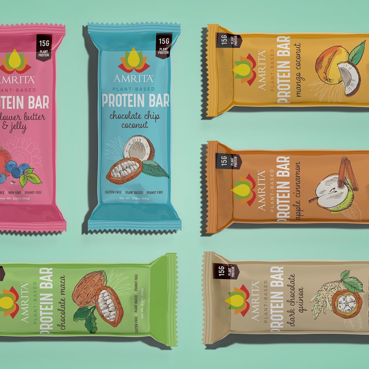 Amrita Nut Free 6 Flavor Variety Vegan Protein Bars | 11g to 12g Plant-Based Protein Bar | Peanut Free, Gluten Free, and Dairy Free | Low Sugar, High Fiber, Healthy School-Safe Snacks