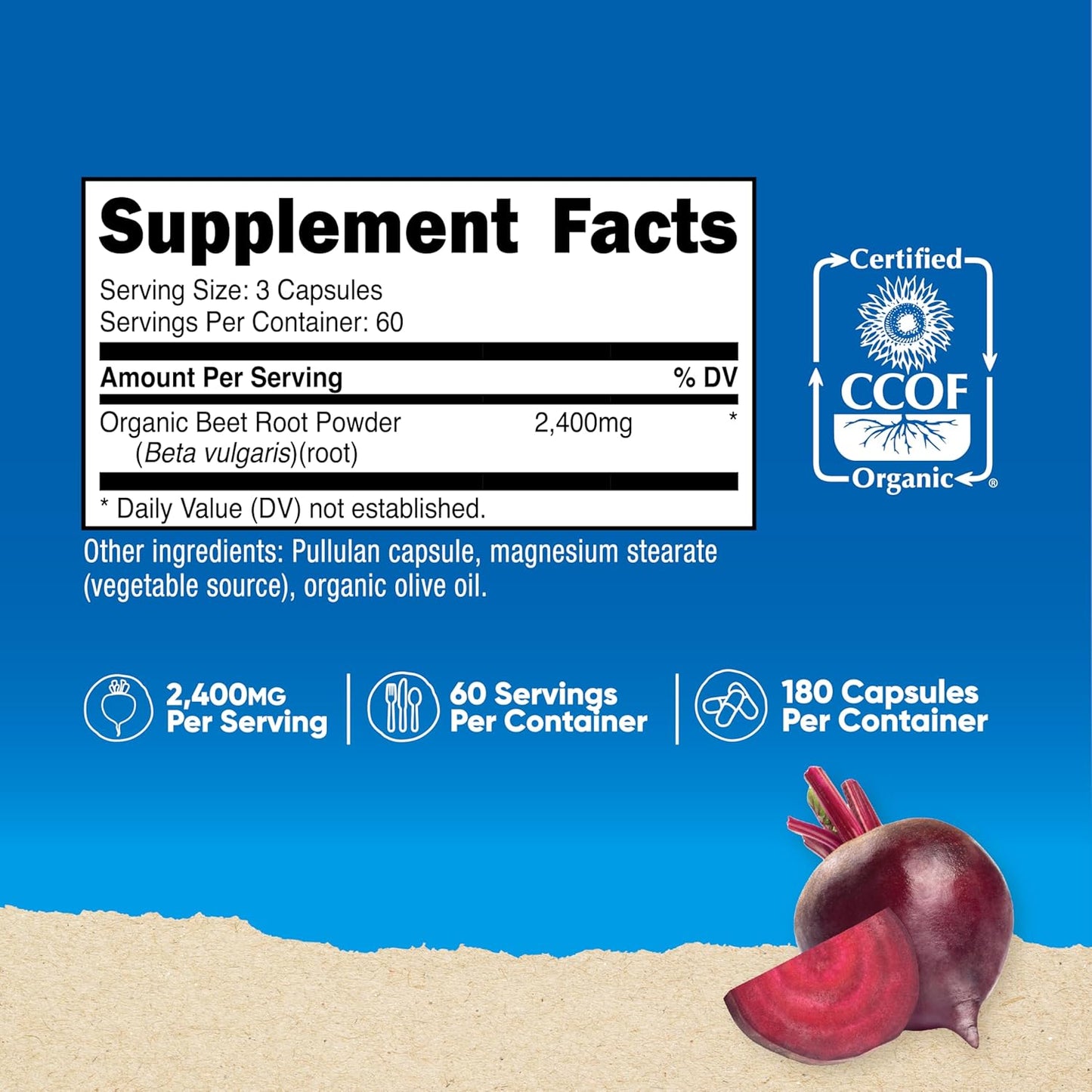 Nutricost Beet Root 2400mg, 180 Capsules - CCOF Certified Made with Organic Beet Root, Superfood, 60 Servings