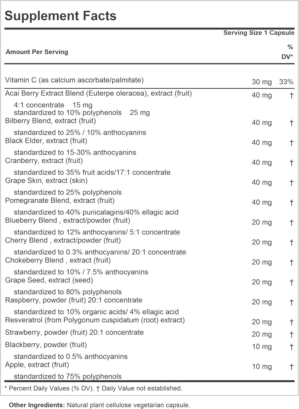 ANDREW LESSMAN Fruit Full Anti-Oxidant Extracts 30 Capsules - 14 Natural Fruit and Berry Extracts. Bilberry, Cranberry, Grape Seed, Pomegranate, Resveratrol, and More. Easy to Swallow Capsules