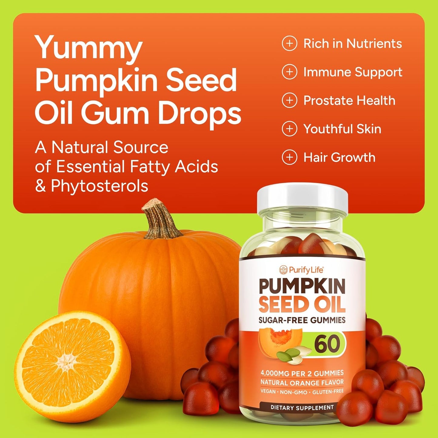 Sugar-Free Pumpkin Seed Oil Gummies (4,000mg/serving) Pumpkin Seed Oil for Hair Growth, Youthful Skin, Prostate Health, Immune & Urinary Tract Support-Natural Source of Essential Fatty Acids-60 Chews