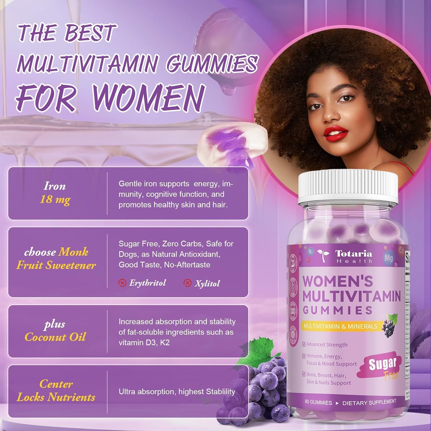 Totaria (2 Pcs) Sugar Free Multivitamin Gummies for Women 14+ w/Inositol, Iron, Folate, Biotin, Womens Daily Multivitamin Gummy w/Vitamin A, D, C, B, Support Hair, Skin, Energy, Immune, Grape Flavor