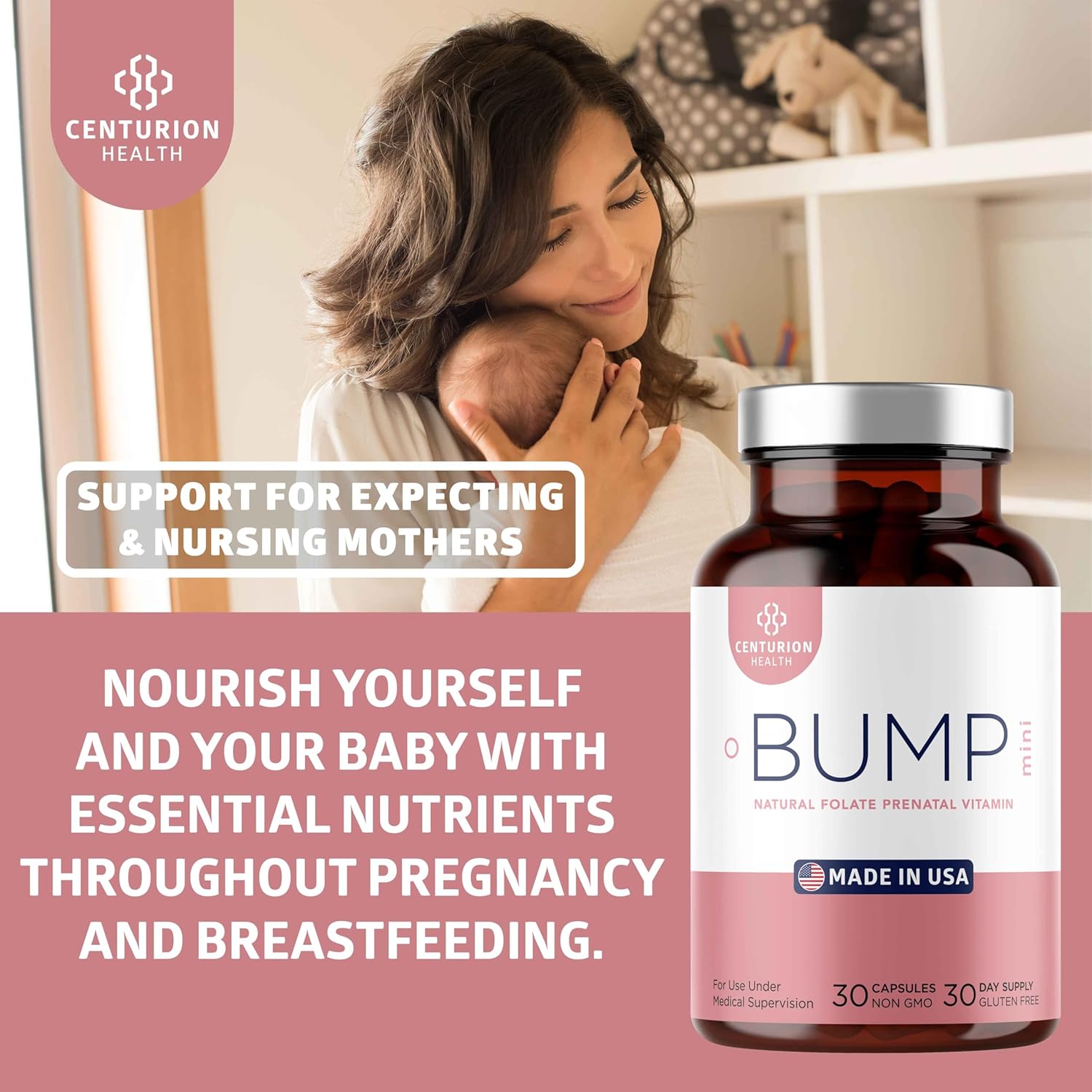 Centurion Labs Bump Mini Complete Prenatal Vitamins for Women with Folate, Choline, Carbonyl Iron, Zinc, Vitamin D3 and Vitamin B12 for Fetal Development and Pregnancy Support, 30 Caps